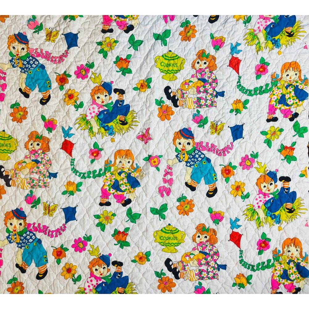 VTG Raggedy Ann Andy Ragdoll Calico Quilted Fabric Mod Bright 40x40 EUC